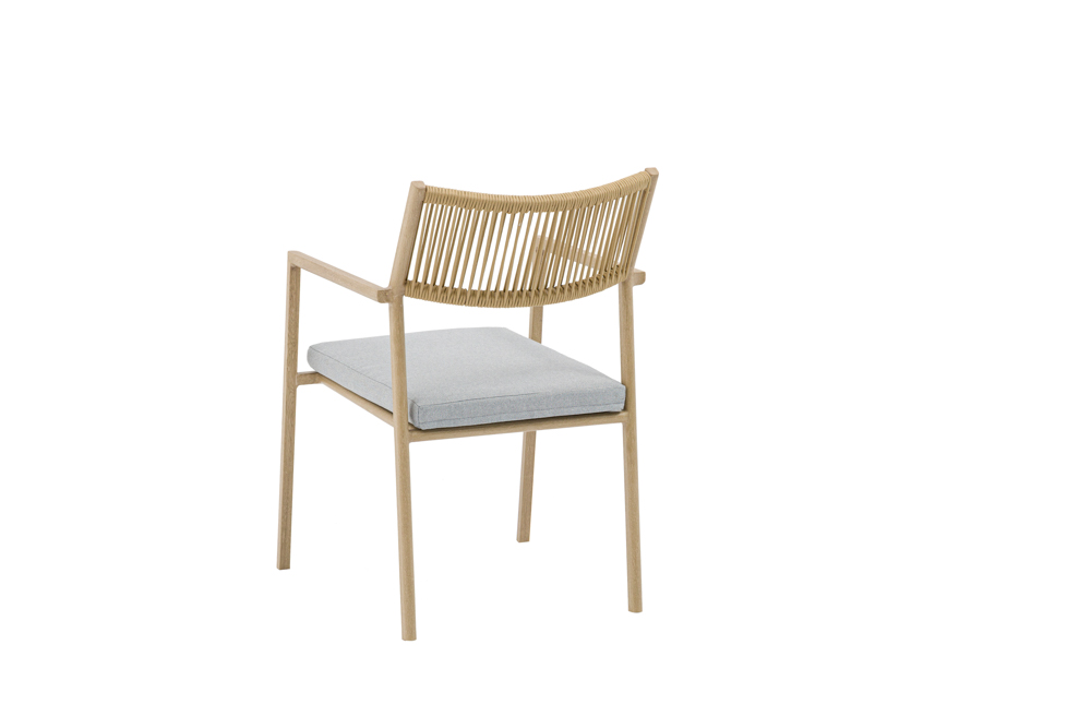 Silla de comedor Harmony aluminio efecto madera y cuerda natural.