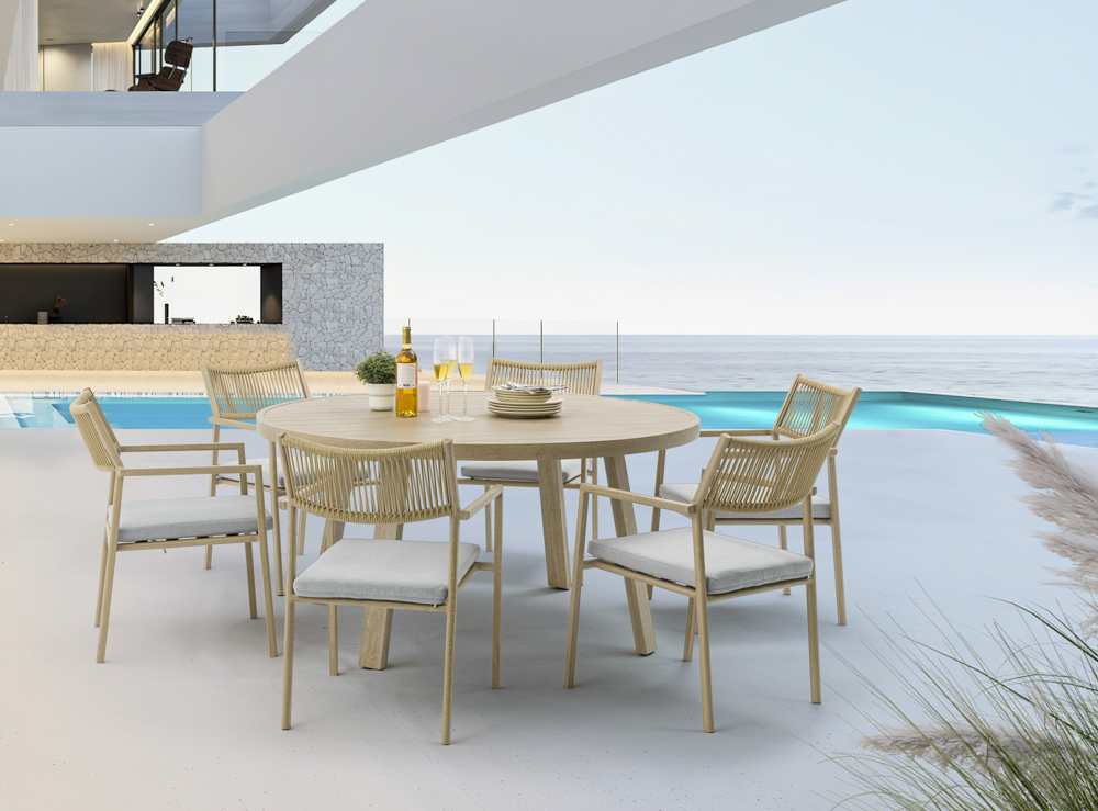 Silla de comedor Harmony aluminio efecto madera y cuerda natural.
