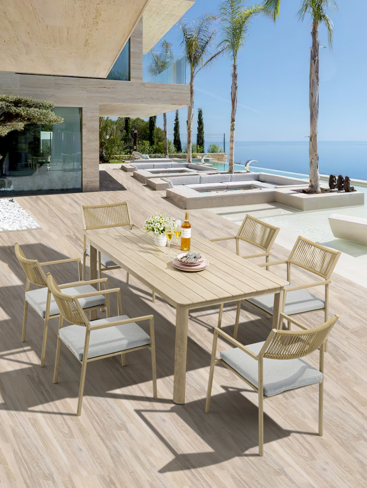 Silla de comedor Harmony aluminio efecto madera y cuerda natural.