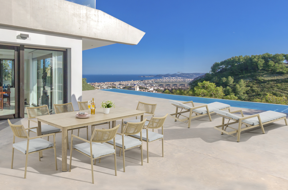 Silla de comedor Harmony aluminio efecto madera y cuerda natural.