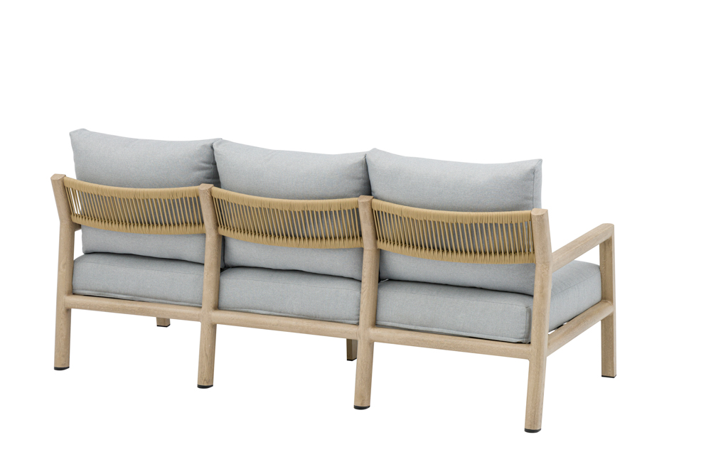 Sofa 3 plazas Harmony. Aluminio efecto madera y cuerda natural