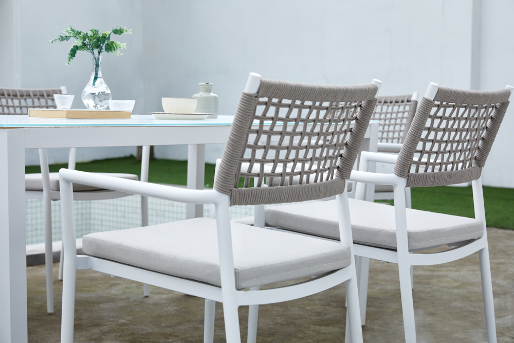 Sillon samoa aluminio blanco. Cuerda greige cojin greige