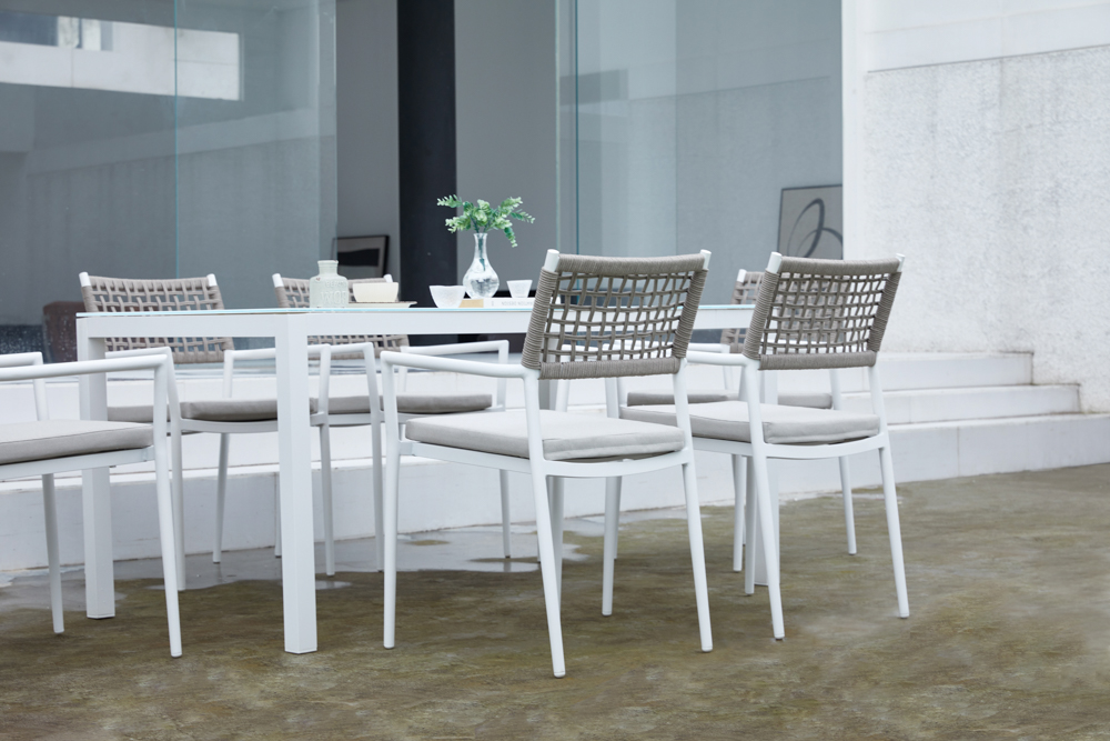 Sillon samoa aluminio blanco. Cuerda greige cojin greige