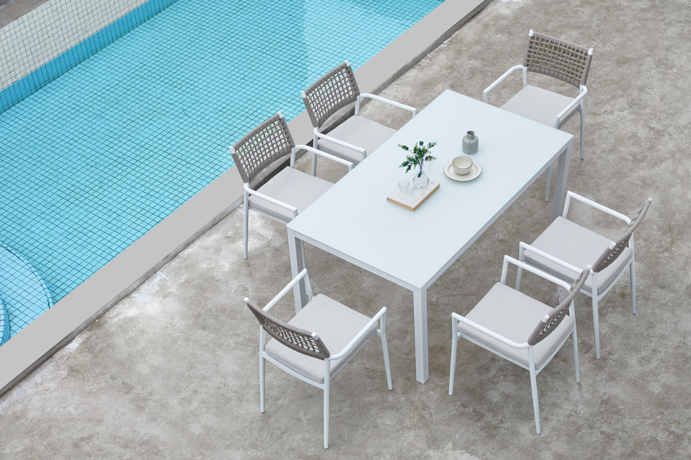 Sillon samoa aluminio blanco. Cuerda greige cojin greige