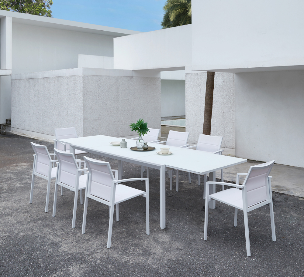 Mesa extensible ORICK 100*150/225 alum.blanco cristal blanco