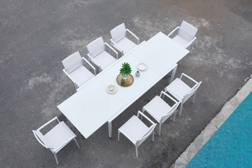 Mesa extensible ORICK 100*150/225 alum.blanco cristal blanco