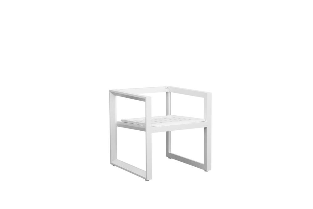sillon de comedor Onix. Aluminio blanco y cojineria gris claro