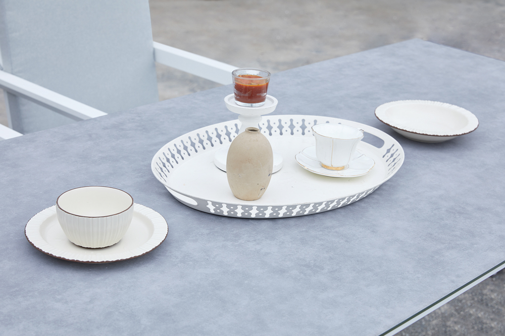 Mesa de comedor Onix 210*90cm. Alu blanco cristal ceram. Gris claro