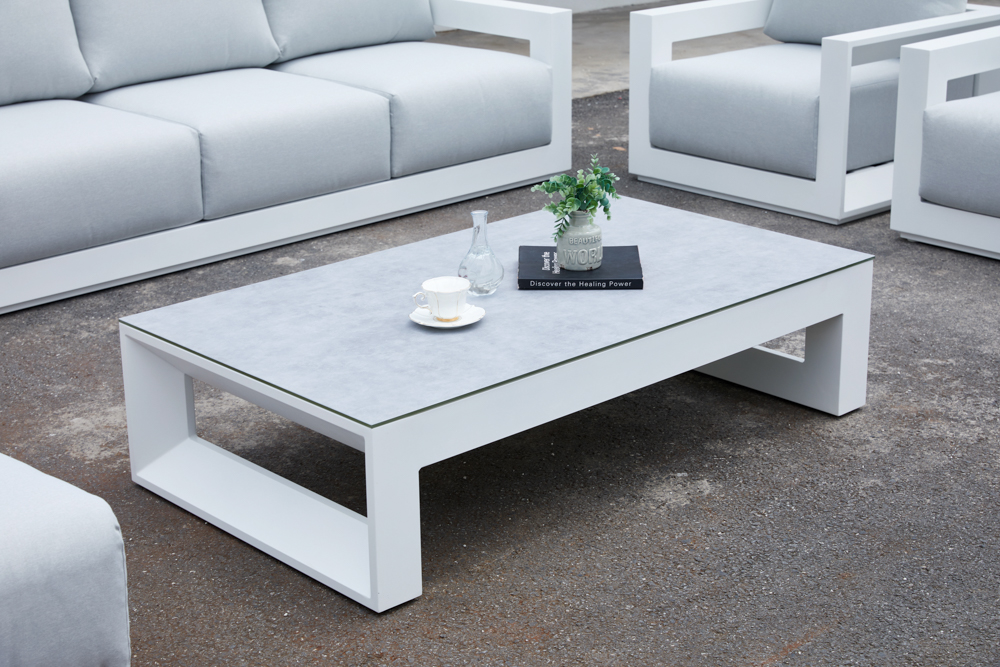 Mesa  de centro Onix.Aluminio blanco cristal ceramico gris claro