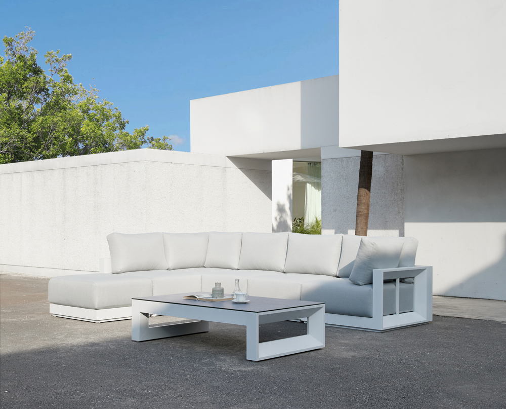 Mesa  de centro Onix.Aluminio blanco cristal ceramico gris claro
