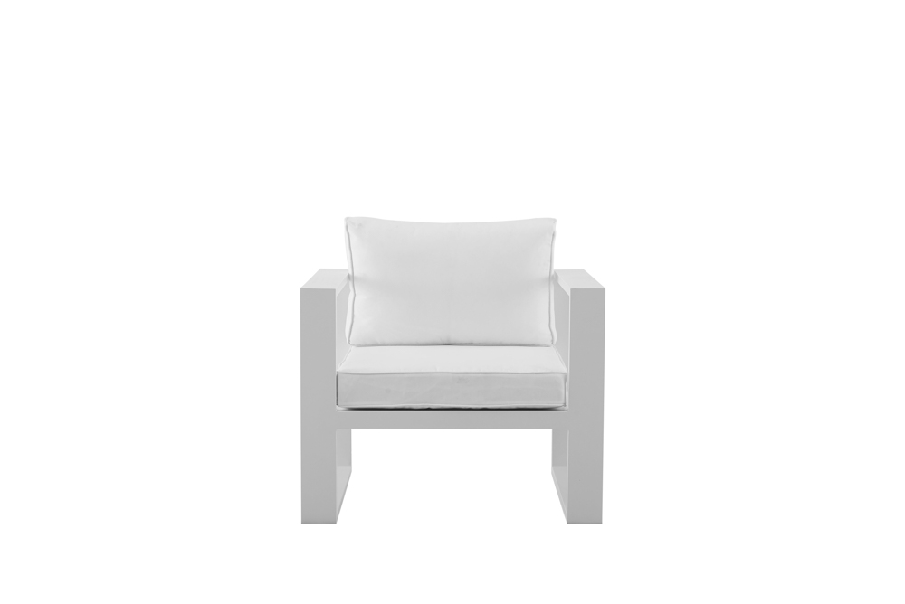 Sofa 1 plaza Niland aluminio blanco y cojineria blanca