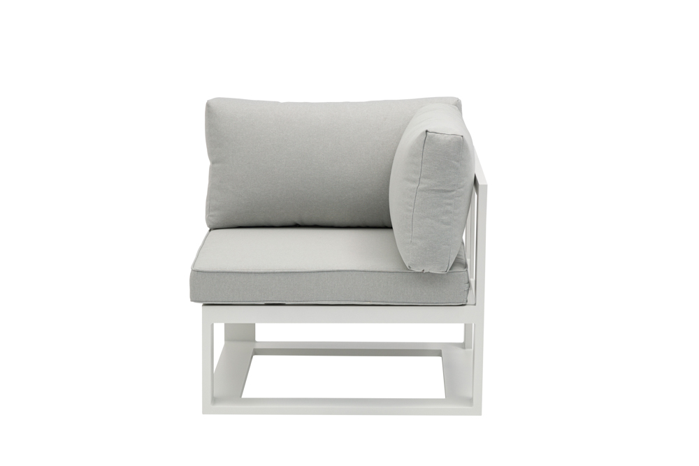 Modulo rincon Niland alu blanco y cojineria gris claro.