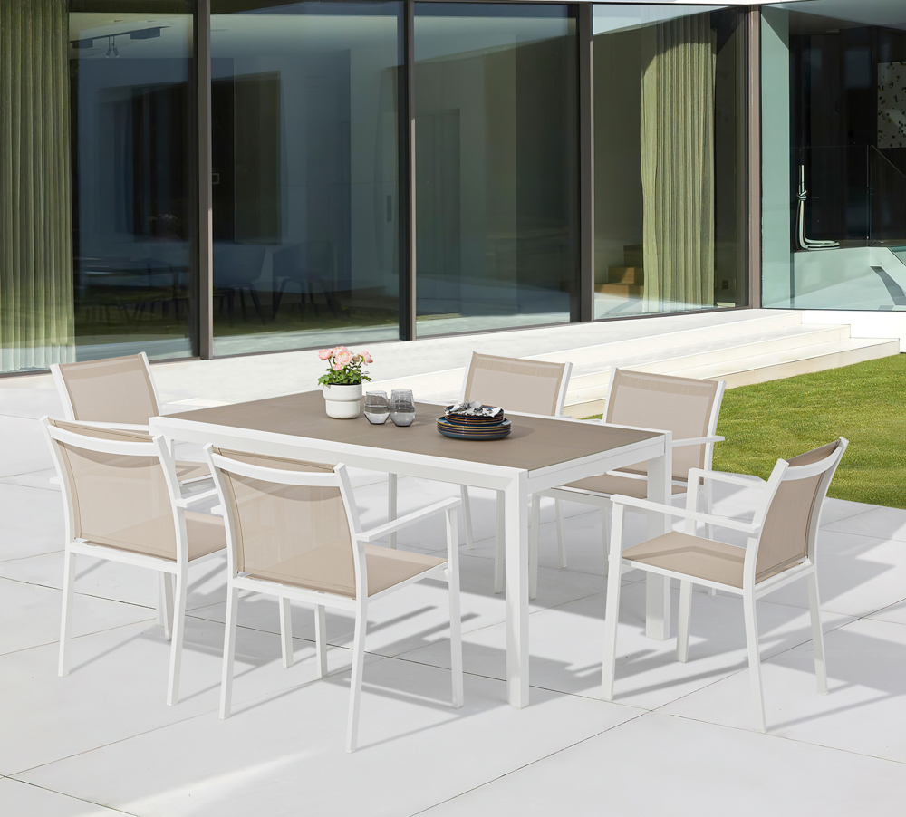 Silla de comedor Adin Alu blanco textilene taupe