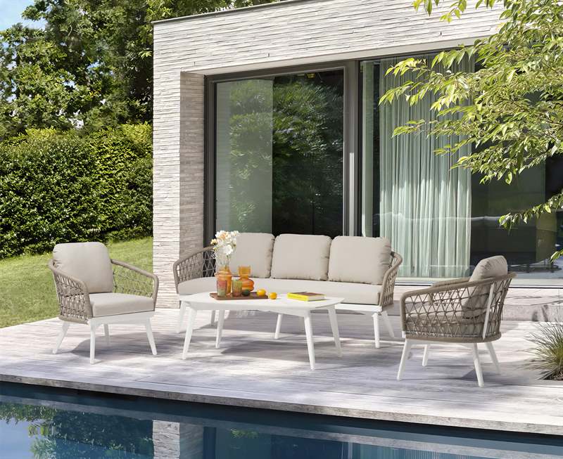 Sofa 3 plazas Nelayan aluminio blanco cuerda Greige