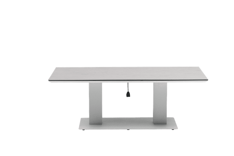 Mesa elevable Isabela 140x75x50/74  aluminio blanco con cristal ceramico gris claro