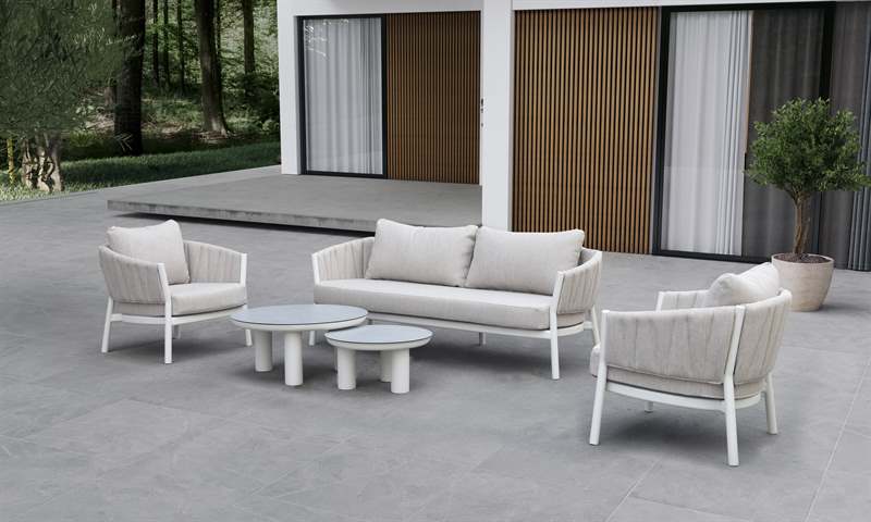 Sofa 3 plaza Attica aluminio blanco y textil gris claro