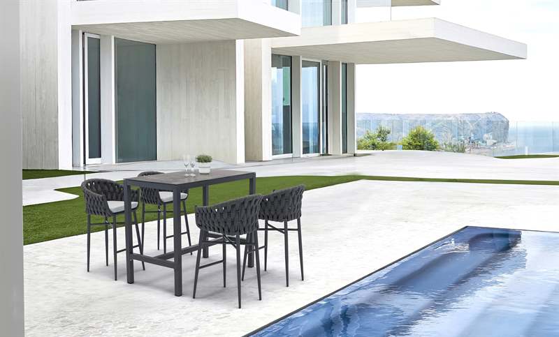 Sillon para barra de bar meridian aluminio blanco cuerda greige y textil greige