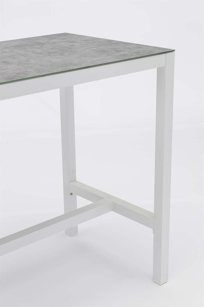 Mesa alta bar Meridian 130x70cm alu blanco cristal ceram. Gris claro.