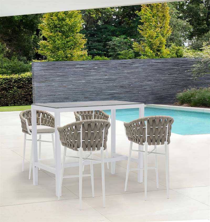Mesa alta bar Meridian 130x70cm alu blanco cristal ceram. Gris claro.
