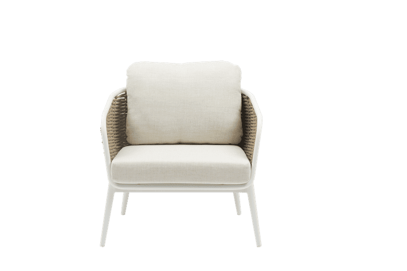 Sofa 1 plaza Irvine Aluminio blanco. Cuerda taupe cojin  beige