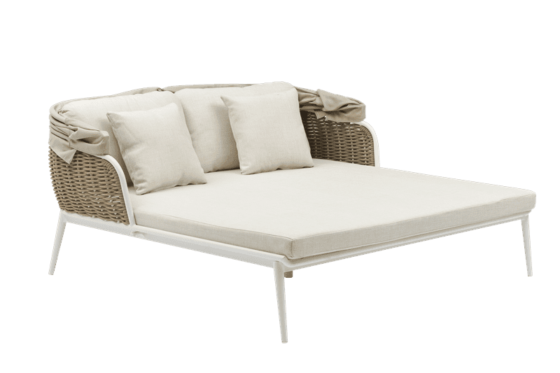 Daybed Irvine Aluminio blanco. Cuerda taupe cojin  beige. Top en textil beige claro.