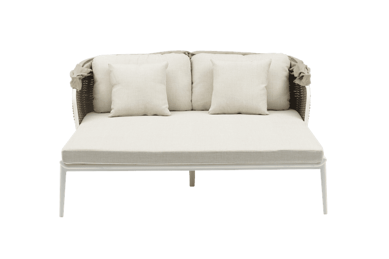 Daybed Irvine Aluminio blanco. Cuerda taupe cojin  beige. Top en textil beige claro.