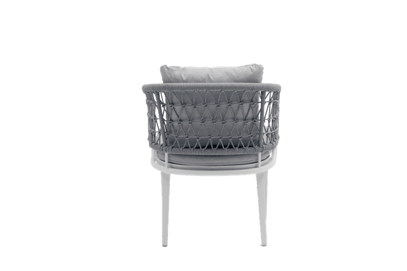 Sillon de comedor Isabela aluminio blanco y textil gris claro.