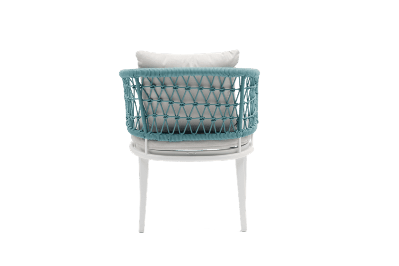 Sillon de comedor Isabela aluminio blanco y textil beige  cuerda aqua.