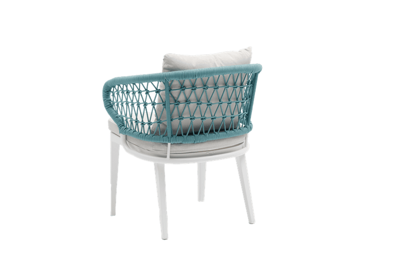 Sillon de comedor Isabela aluminio blanco y textil beige  cuerda aqua.