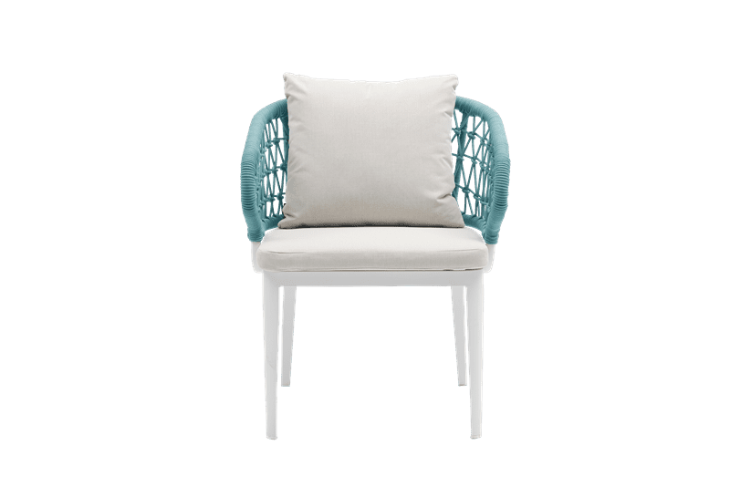 Sillon de comedor Isabela aluminio blanco y textil beige  cuerda aqua.