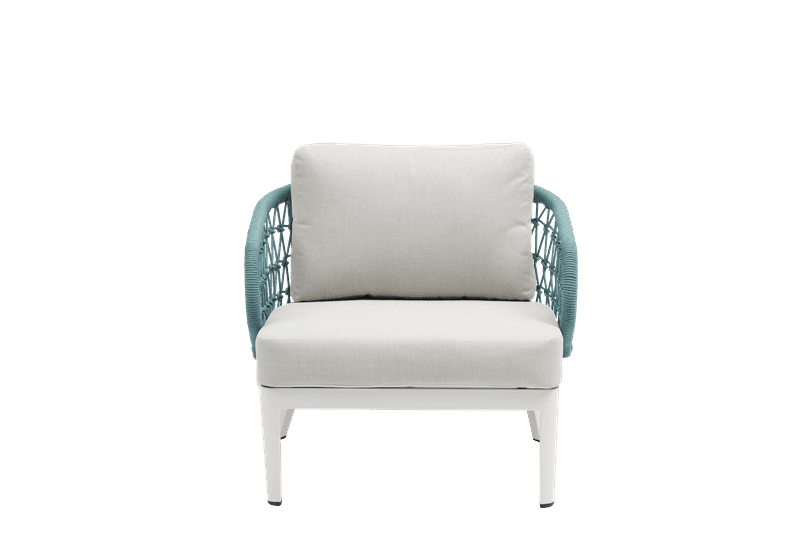 Butaca 1 plaza Isabela aluminio blanco textil beige y cuerda aqua