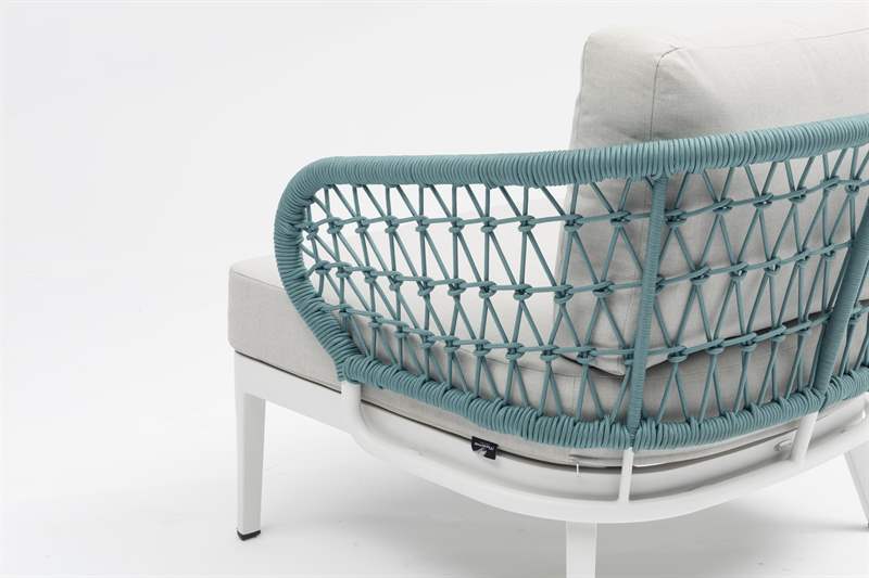 Butaca 1 plaza Isabela aluminio blanco textil beige y cuerda aqua