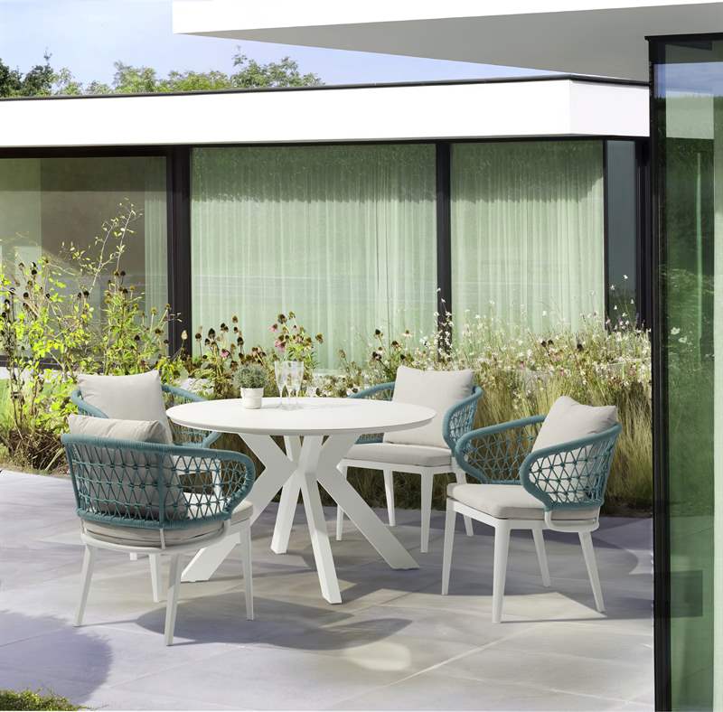Butaca 1 plaza Isabela aluminio blanco textil beige y cuerda aqua