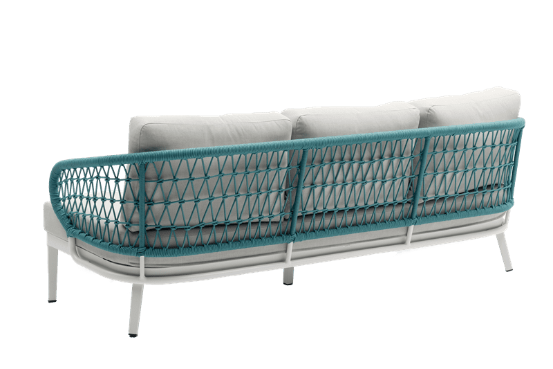 Sofa 3 plazas Isabela aluminio blanco textil beige y cuerda aqua