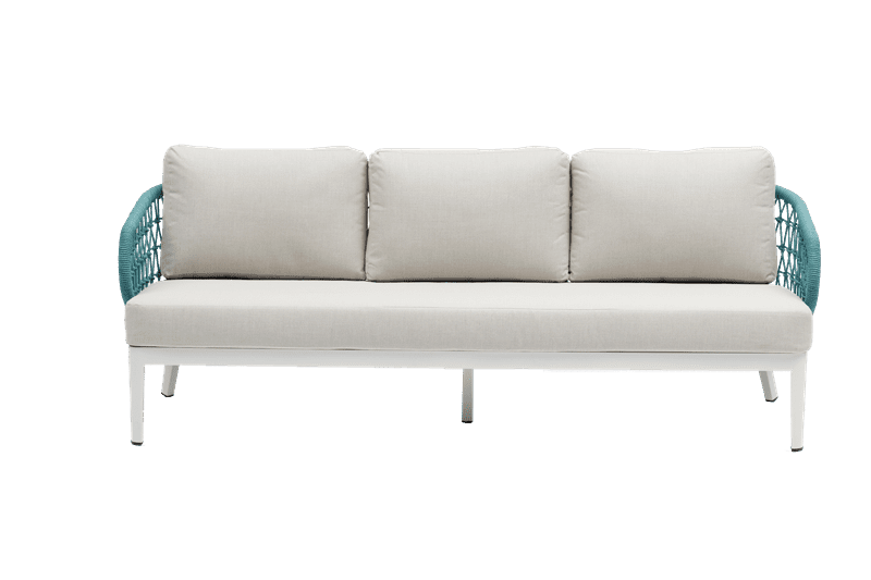 Sofa 3 plazas Isabela aluminio blanco textil beige y cuerda aqua