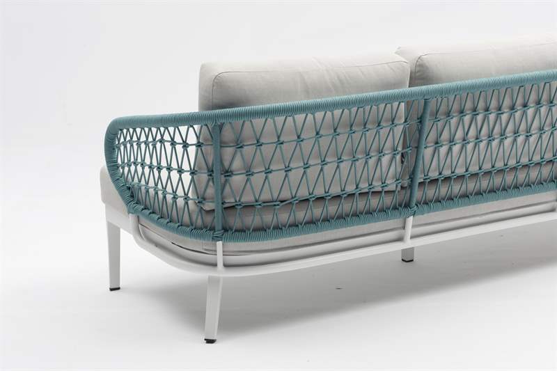 Sofa 3 plazas Isabela aluminio blanco textil beige y cuerda aqua