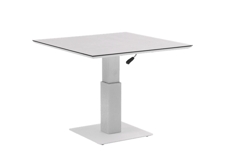 Mesa elevable Isabela 90x90x50/74  aluminio blanco con cristal ceramico gris claro.