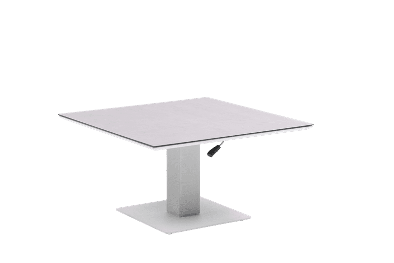 Mesa elevable Isabela 90x90x50/74  aluminio blanco con cristal ceramico gris claro.