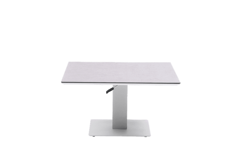 Mesa elevable Isabela 90x90x50/74  aluminio blanco con cristal ceramico gris claro.