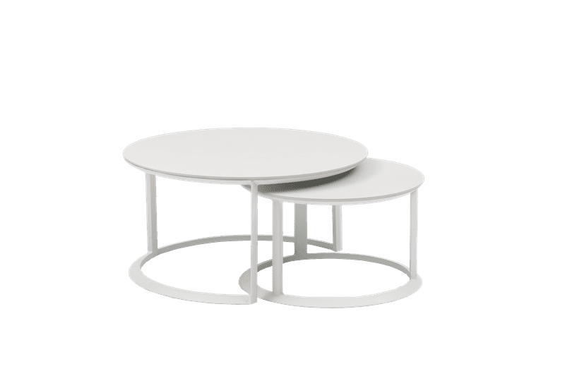 Set mesas redondas auxiliares Isabela aluminio blanco con encimera ceramica beige.