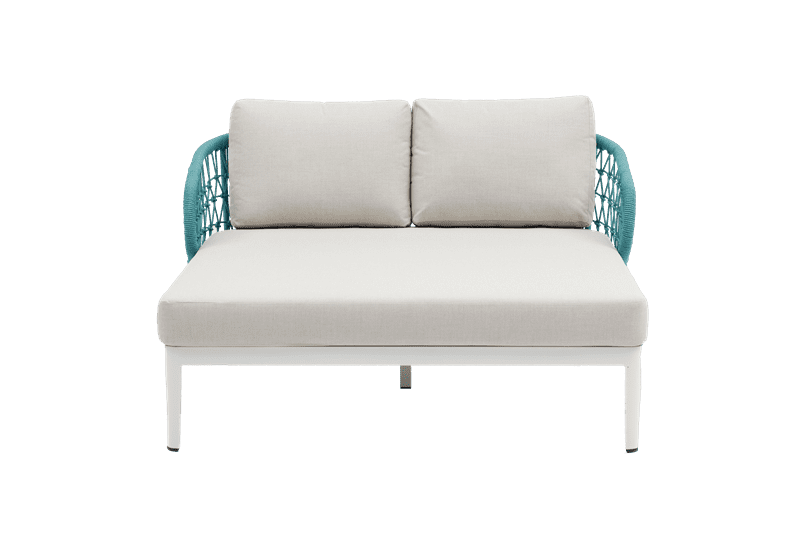 Daybed Isabela aluminio blanco y textil beige y cuerda aqua.