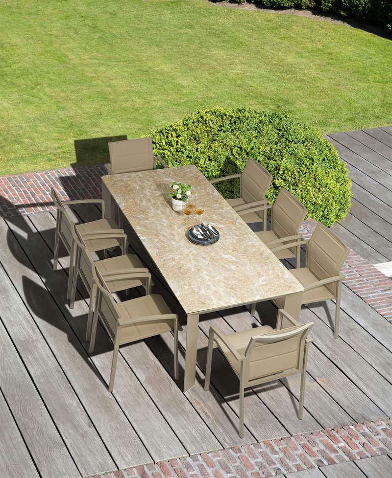 Mesa de comedor Orick 210*90cm. Alu taupe cristal ceram beige.