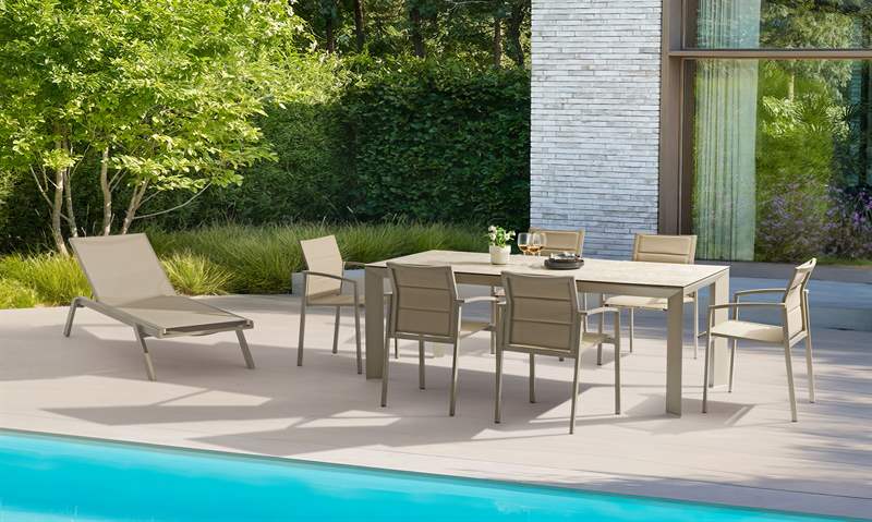 Mesa de comedor Orick 210*90cm. Alu taupe cristal ceram beige.