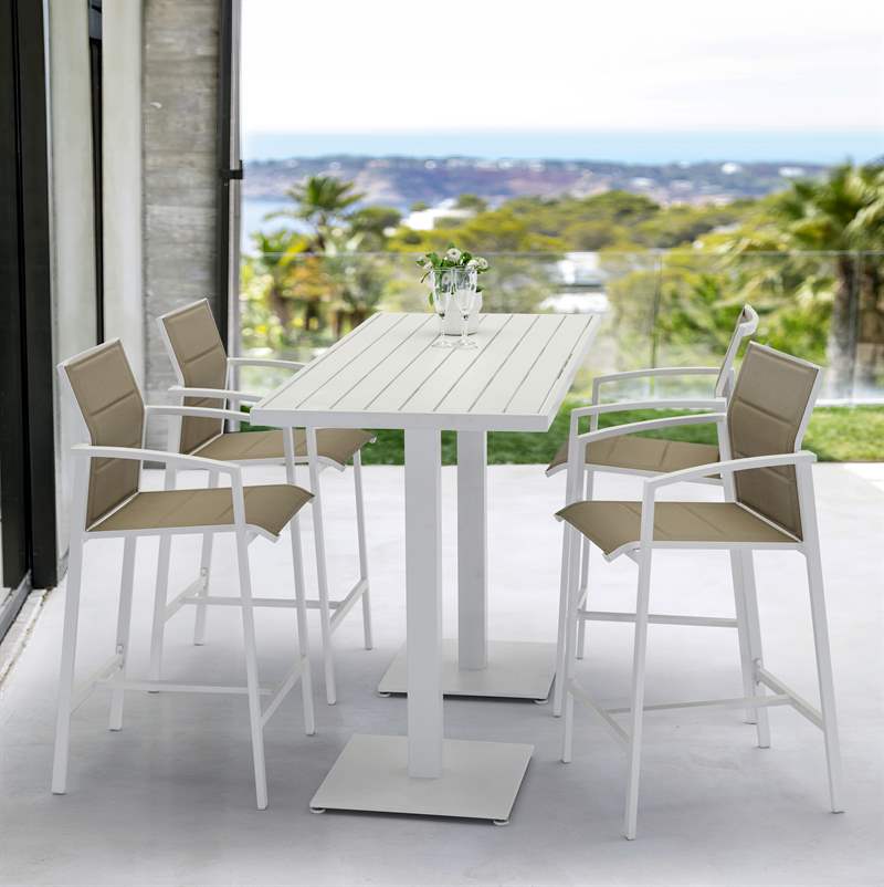 Mesa alta bar Orick 160x70cm aluminio blanco.