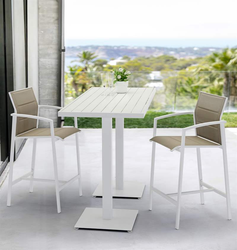 Mesa alta bar Orick 160x70cm aluminio blanco.