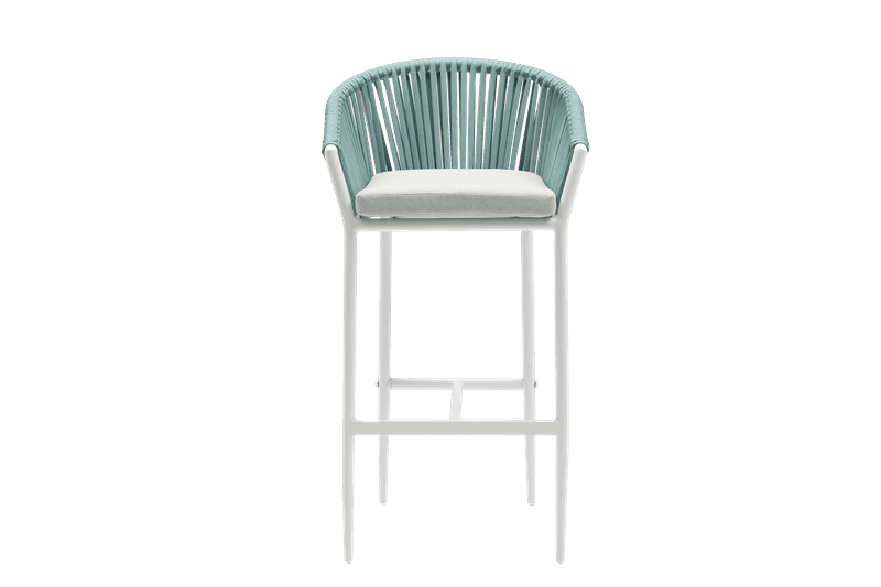 Sillon para barra de bar Ukiah Aluminio blanco. Cuerda aqua y cojin gris claro