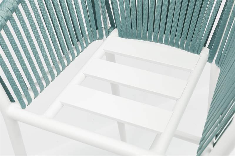 Sillon para barra de bar Ukiah Aluminio blanco. Cuerda aqua y cojin gris claro