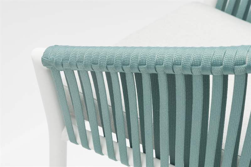 Sillon para barra de bar Ukiah Aluminio blanco. Cuerda aqua y cojin gris claro