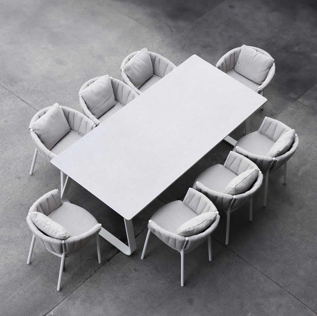 Mesa de comedor Babylon 220X100CM aluminio blanco y cristal gris medio.