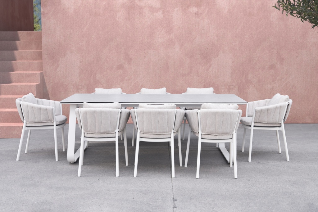 Mesa de comedor Babylon 220X100CM aluminio blanco y cristal gris medio.